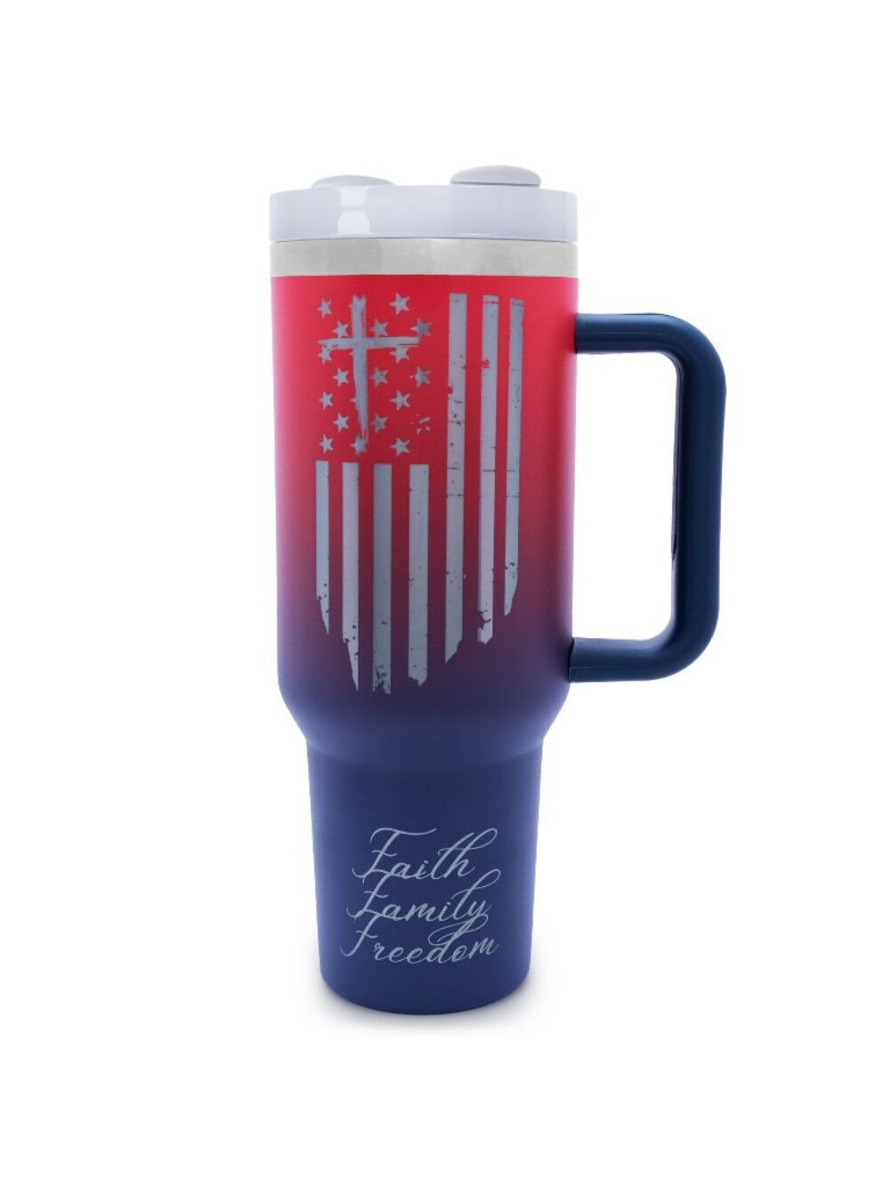 Faith Family Freedom Tumbler Patriotic Flug Red Blue w/ Lid & Straw -New in Box